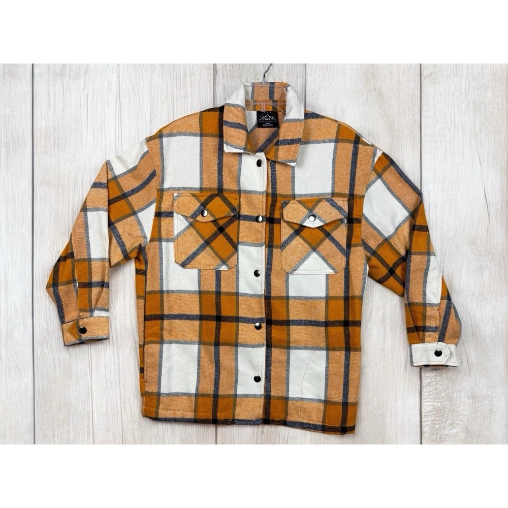 HFX Flannel Shirt/Jacket Size S Tangerine & Ivory Plaid LS Snap Front Closure